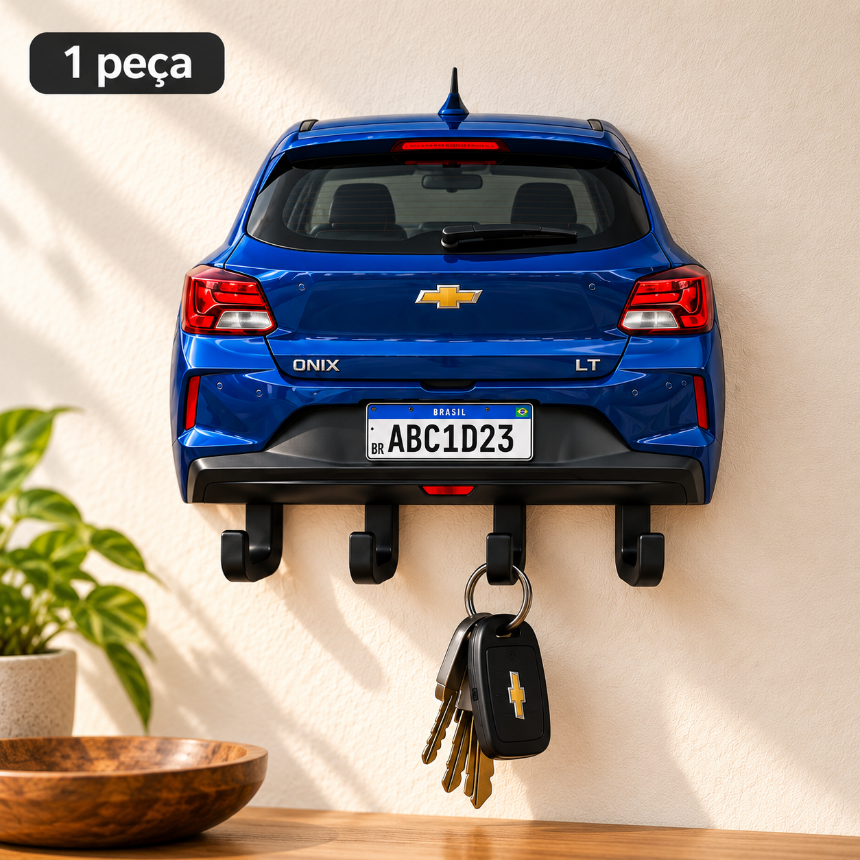Kit 1 peça: porta-chaves de parede com a traseira de um carro azul