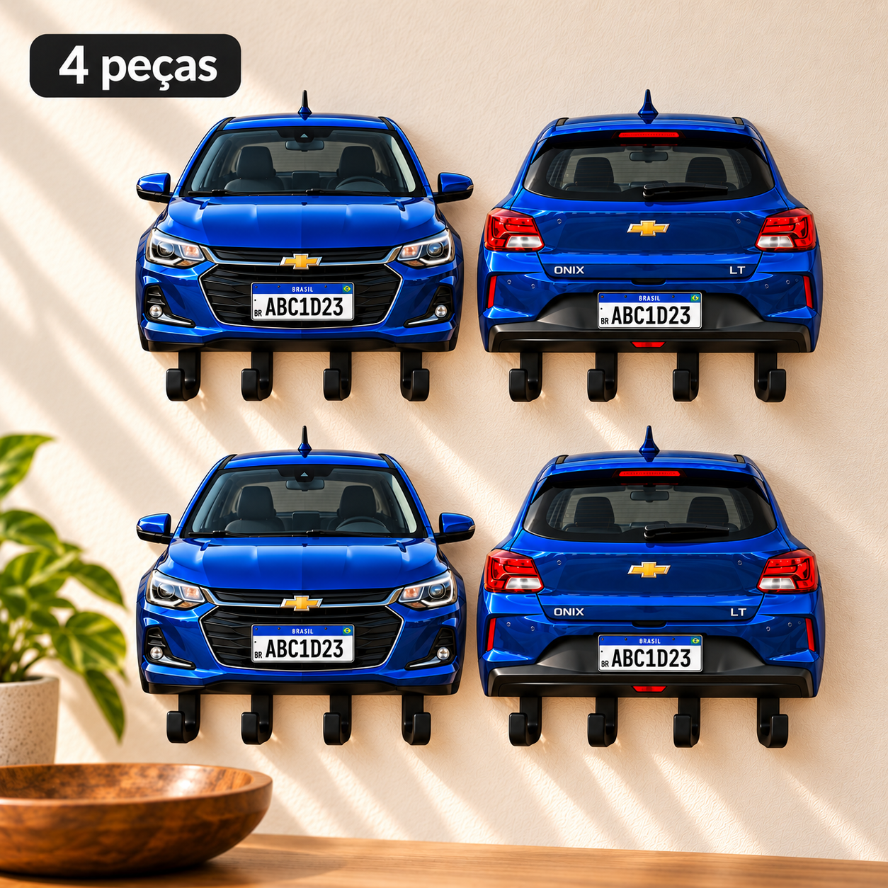 Kit 4 peças: quatro porta-chaves de parede com a frente e a traseira de dois carros